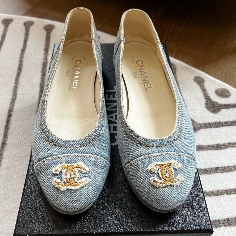 Chanel 20P Denim Ballerina Ballet sz 37.5